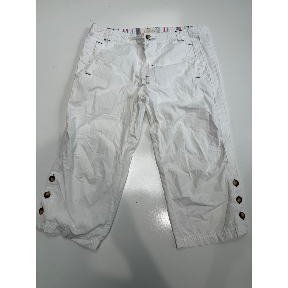 Nautica Beach White Cotton Capri Pants Womens 8 Drawstring Button Hem Cropped